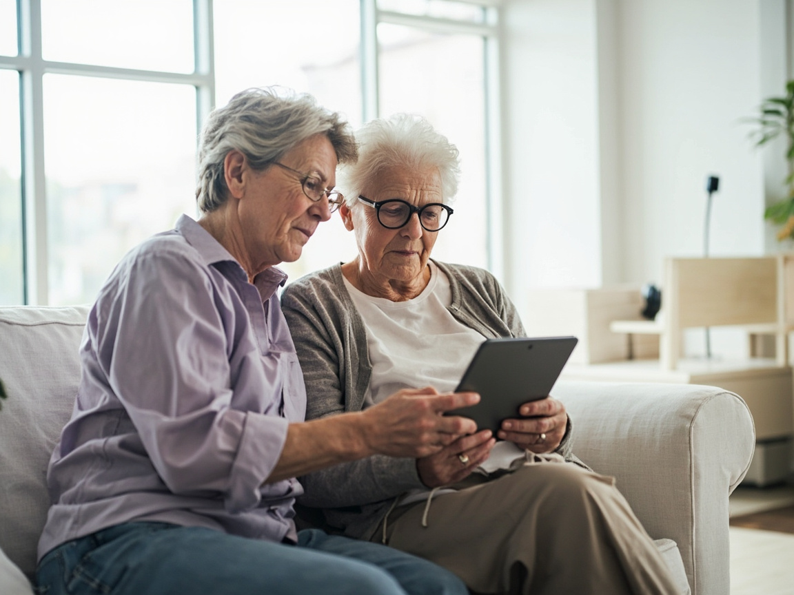 An adult daughter and her elderly mother looking at a tablet together in a bright home living room.