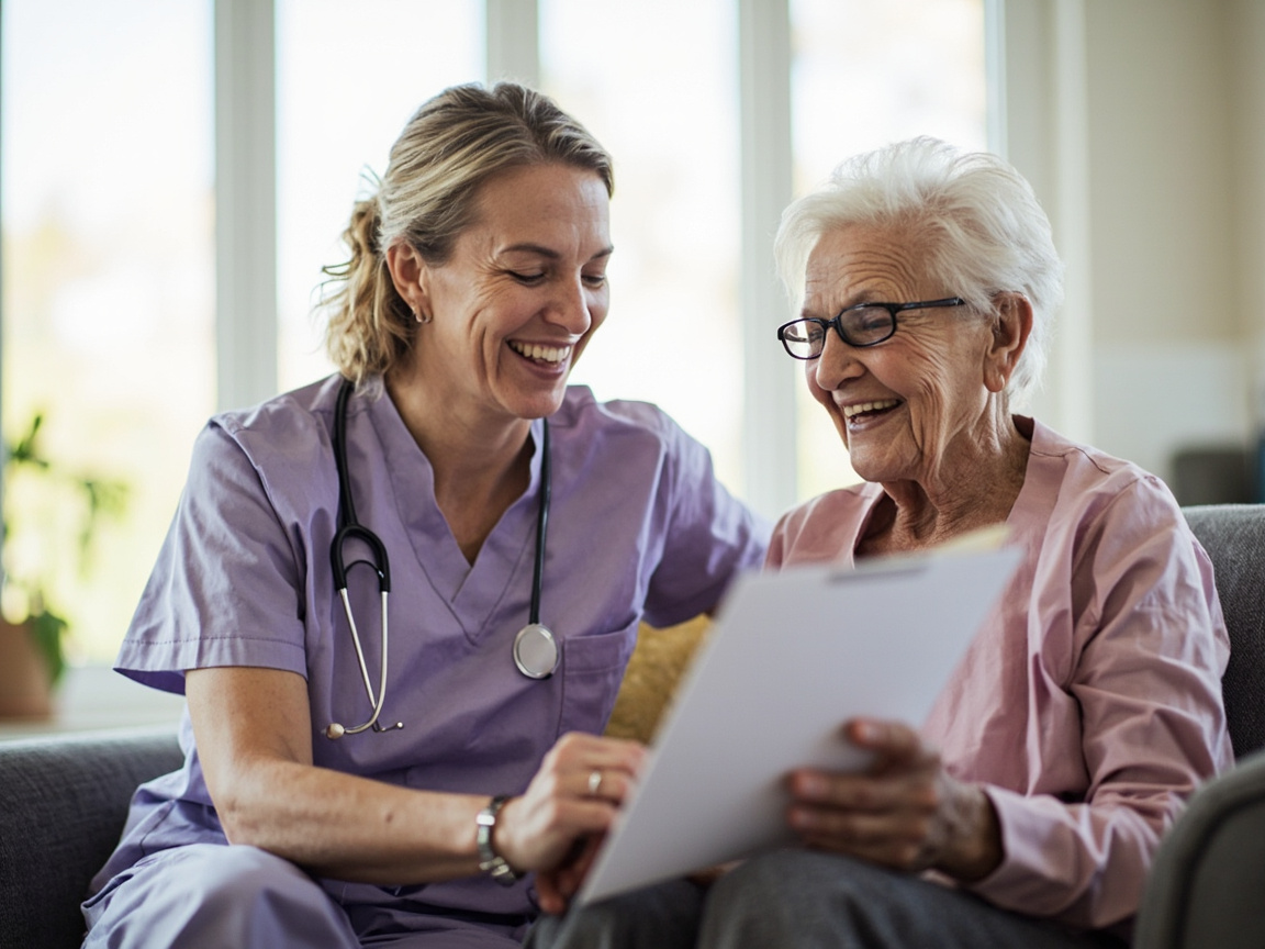 A nurse in lavender scrubs reviewing care notes with a smiling elderly resident in a bright senior living room.